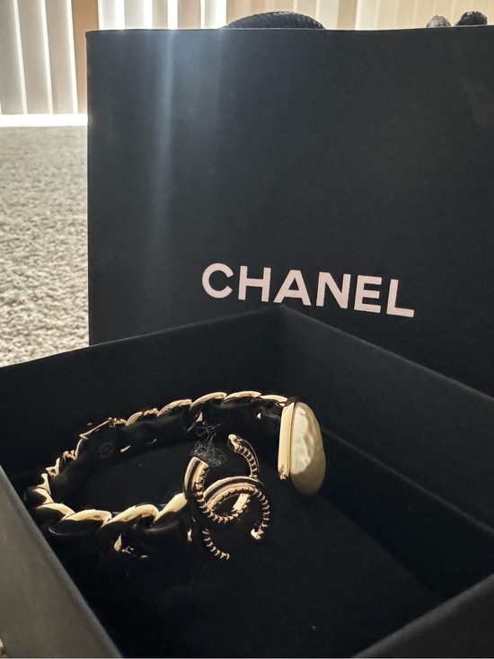 CHANEL Jewelry - CHANEL Black Leather-Woven Chain Bracelet with Gold CC and Pearl Accent